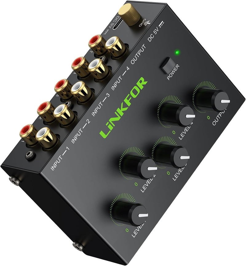 LiNKFOR 4 Channel Stereo Audio Mixer CX400 Metal Shell Support RCA Input and Output Mini Passive Stereo Mixer with Separate Volume Controls (4 Channel Stereo Mixer) - Image 1